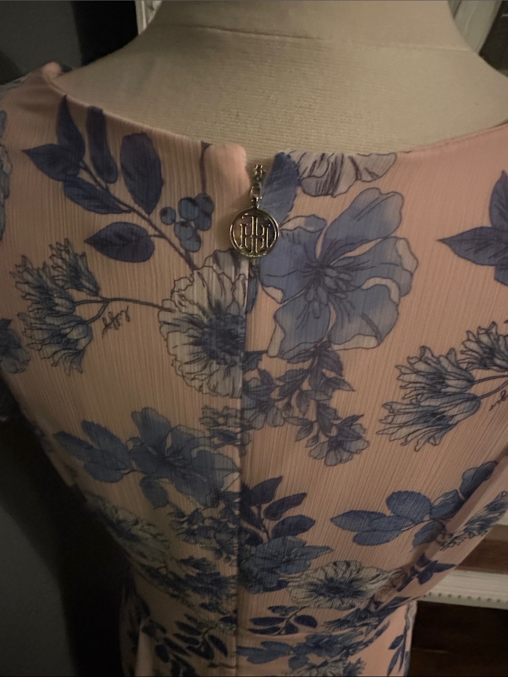 Floral V-Neck Dress in Blush with Blue Print - Picture 2 of 5